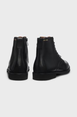 Lace-up leather boots with side zip, Black