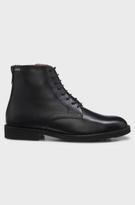 Lace-up leather boots with side zip, Black