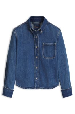 Cropped denim shirt with a vintage appearance, Blue