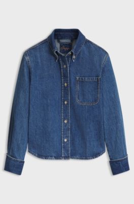 Cropped denim shirt with a vintage appearance, Blue