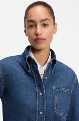 Cropped denim shirt with a vintage appearance, Blue
