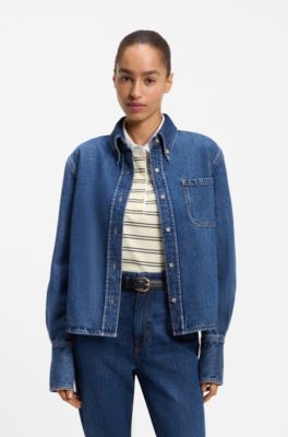 Cropped denim shirt with a vintage appearance, Blue