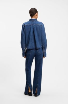 Cropped denim shirt with a vintage appearance, Blue