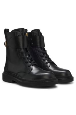 Lace-up leather boots with gold-tone hardware, Black
