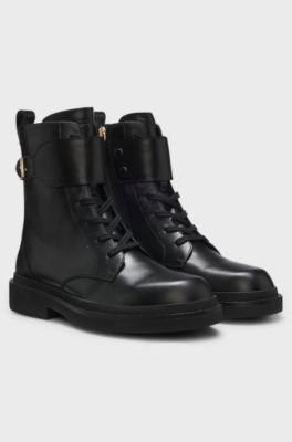 Lace-up leather boots with gold-tone hardware, Black