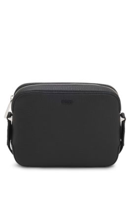 Crossbody bag in grained leather with logo, Black