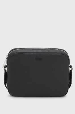 Crossbody bag in grained leather with logo, Black