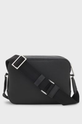Crossbody bag in grained leather with logo, Black