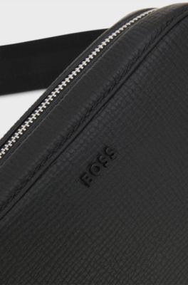 Crossbody bag in grained leather with logo, Black