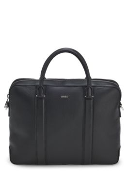 Document case in structured leather with double handles, Black