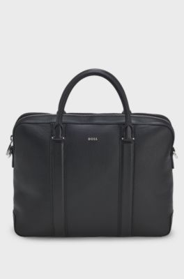 Document case in structured leather with double handles, Black