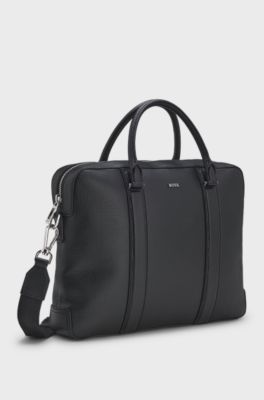 Document case in structured leather with double handles, Black