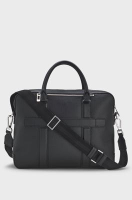 Document case in structured leather with double handles, Black