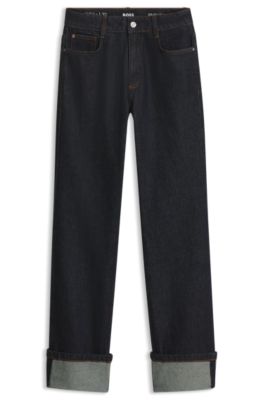Marble-look straight-fit jeans with turn-up hems, Dark Blue