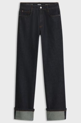 Marble-look straight-fit jeans with turn-up hems, Dark Blue