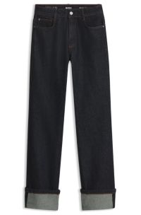 Marble-look straight-fit jeans with turn-up hems, Dark Blue