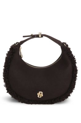 Crescent-shaped shoulder bag with faux-fur trims, Dark Brown