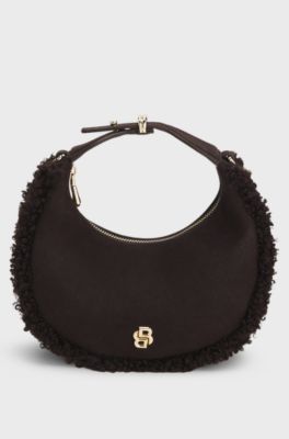 Crescent-shaped shoulder bag with faux-fur trims, Dark Brown