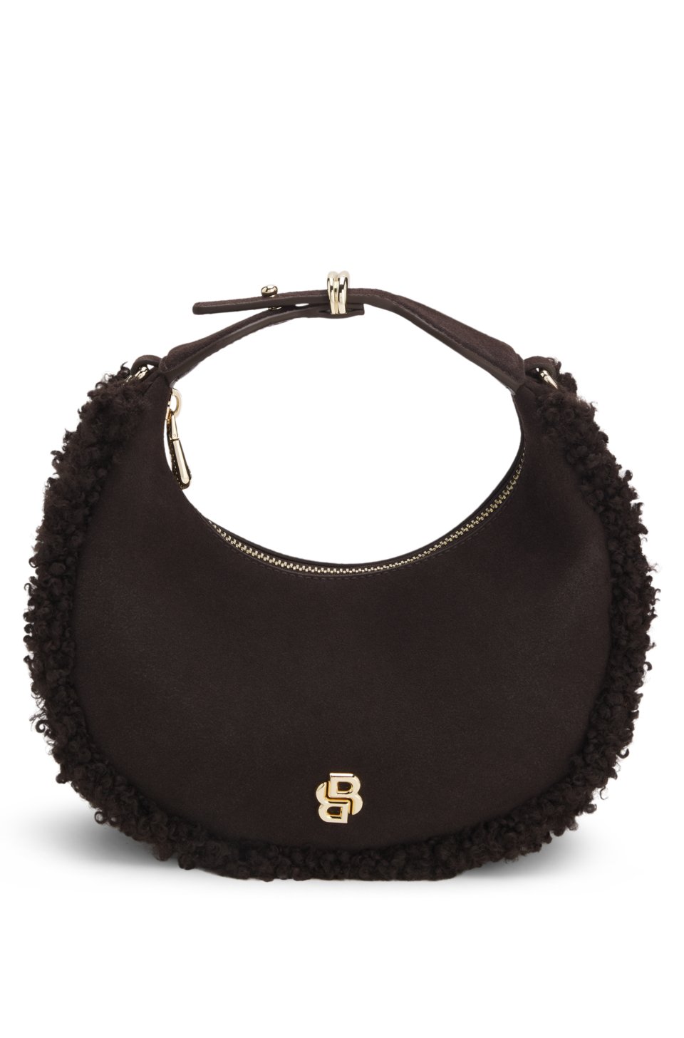 Crescent-shaped shoulder bag with faux-fur trims