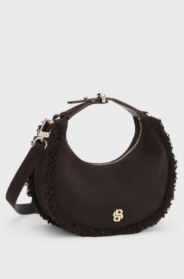 Crescent-shaped shoulder bag with faux-fur trims, Dark Brown