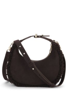 Crescent-shaped shoulder bag with faux-fur trims, Dark Brown