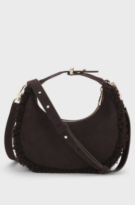 Crescent-shaped shoulder bag with faux-fur trims, Dark Brown