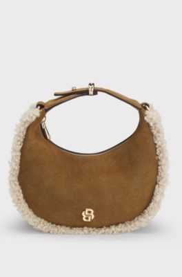 Crescent-shaped shoulder bag with faux-fur trims, Brown