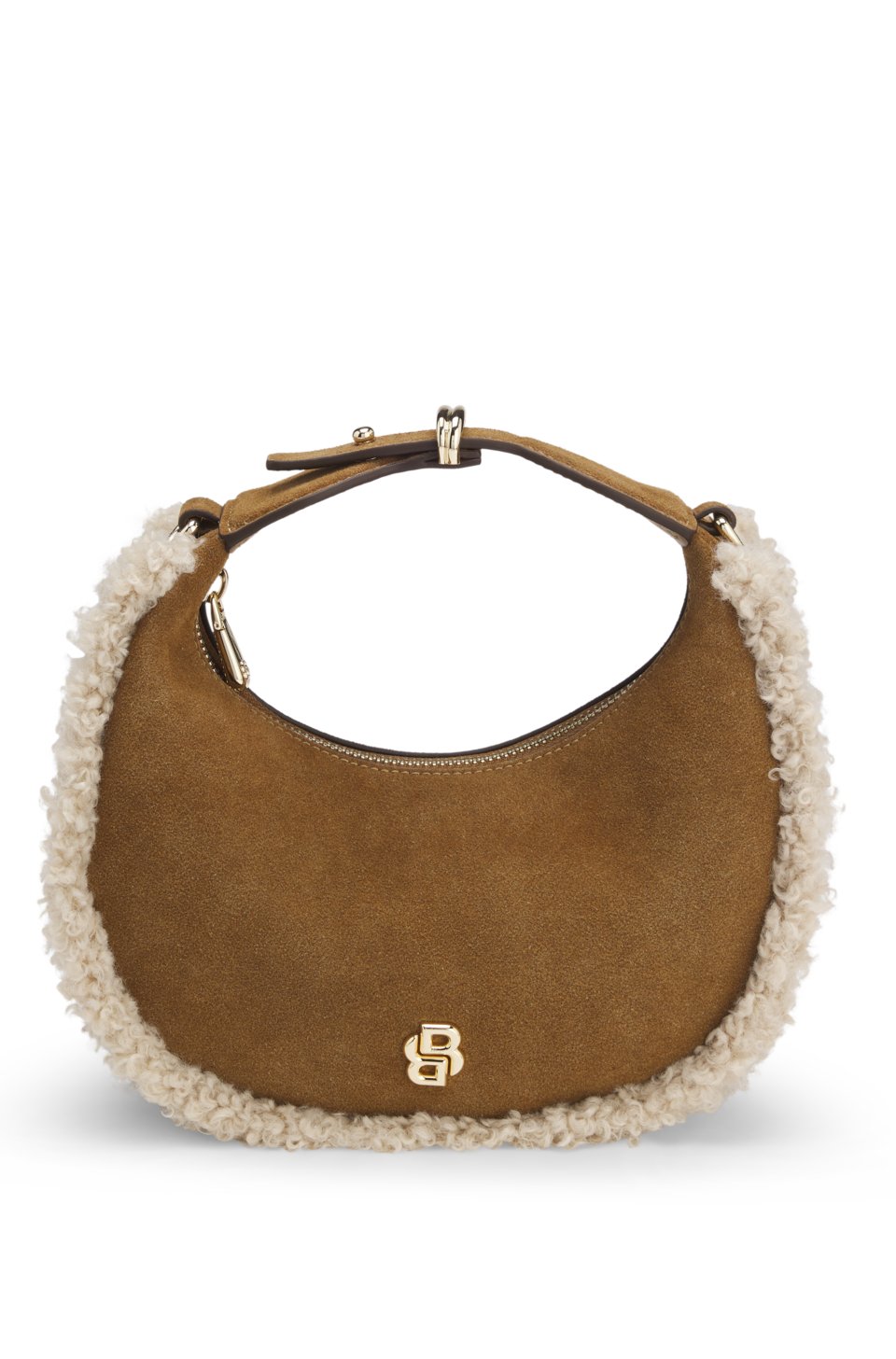Crescent-shaped shoulder bag with faux-fur trims