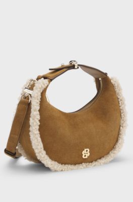Crescent-shaped shoulder bag with faux-fur trims, Brown