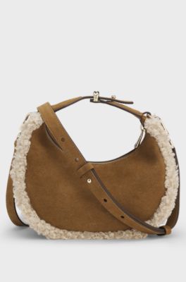 Crescent-shaped shoulder bag with faux-fur trims, Brown
