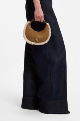 Crescent-shaped shoulder bag with faux-fur trims, Brown