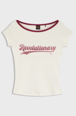Slim fit t-shirt i stretchbomull med tryckt slogan, Naturf&auml;rg