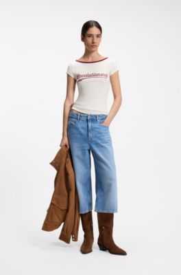 Slim fit t-shirt i stretchbomull med tryckt slogan, Naturf&auml;rg