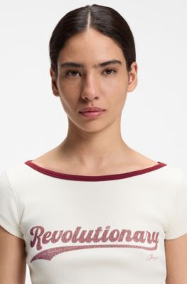 Slim-fit T-shirt in stretch cotton with slogan print, Natural