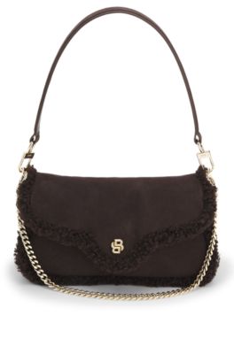 Shoulder bag with faux-fur trims, Dark Brown