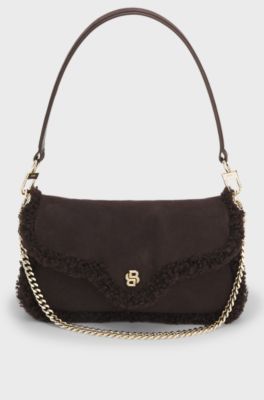 Shoulder bag with faux-fur trims, Dark Brown