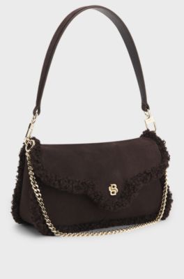 Shoulder bag with faux-fur trims, Dark Brown