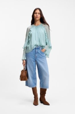 Regular-fit blouse in light Creponne fabric, Light Blue