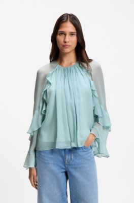 Regular-fit blouse in light Creponne fabric, Light Blue