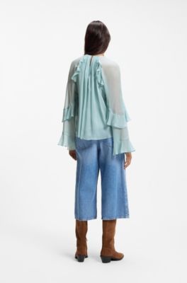 Regular-fit blouse in light Creponne fabric, Light Blue