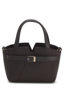 BOSS Revers mini tote bag in grained leather, Dark Brown