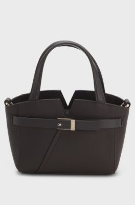 BOSS Revers mini tote bag in grained leather, Dark Brown
