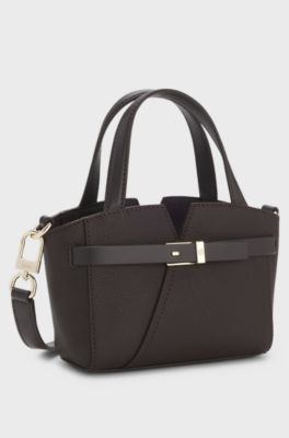 BOSS Revers mini tote bag in grained leather, Dark Brown