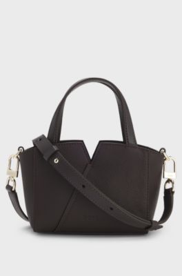 BOSS Revers mini tote bag in grained leather, Dark Brown
