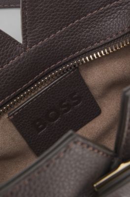 BOSS Revers mini tote bag in grained leather, Dark Brown