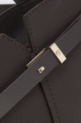 BOSS Revers mini tote bag in grained leather, Dark Brown