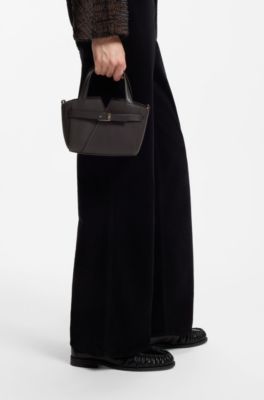 BOSS Revers mini tote bag in grained leather, Dark Brown