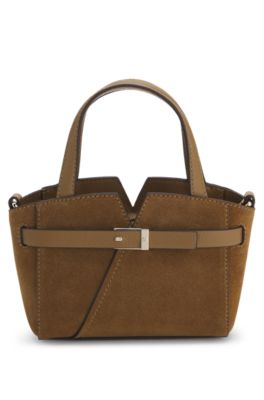BOSS Revers mini tote bag in suede, Brown
