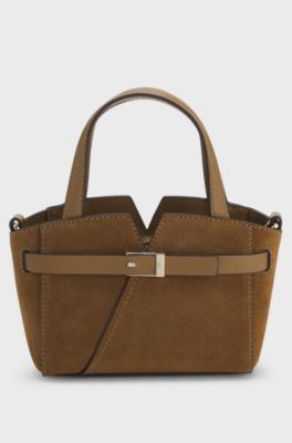 BOSS Revers mini tote bag in suede, Brown