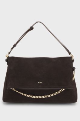 Faux-suede shoulder bag with fold-over design, Dark Brown